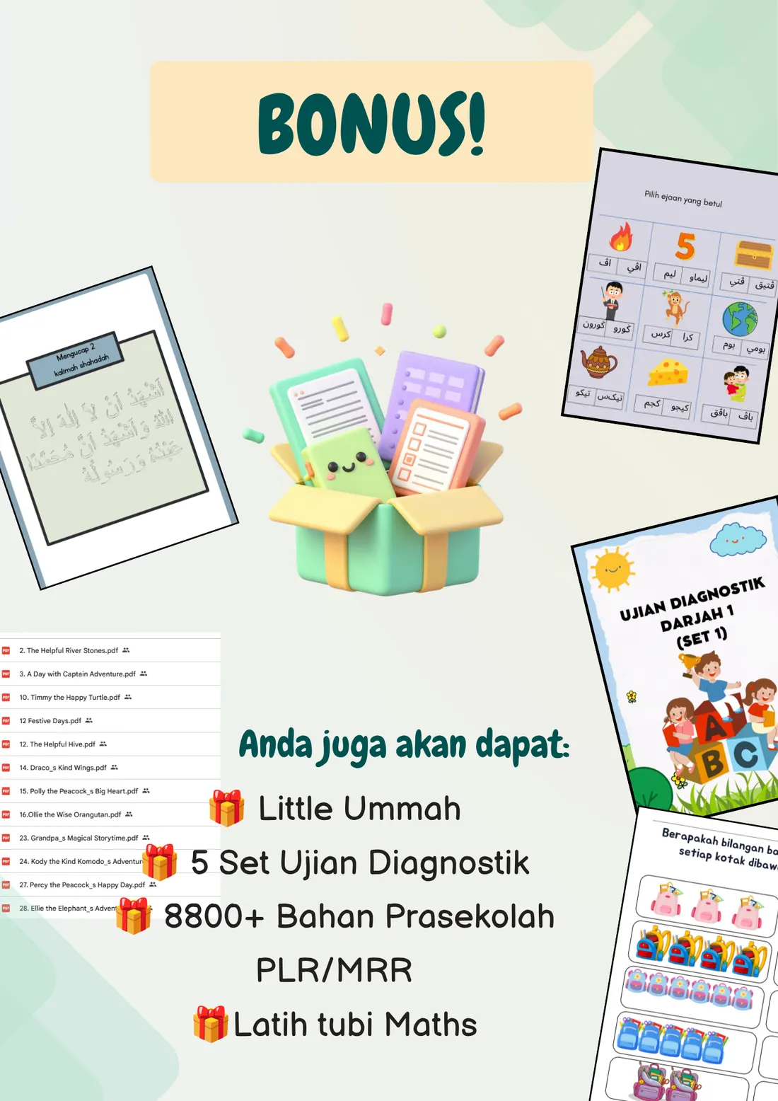 Bonus — Little Ummah, 5 Set Ujian Diagnostik, 8800+ Bahan Prasekolah PLR/MRR, Latih Tubi Maths
