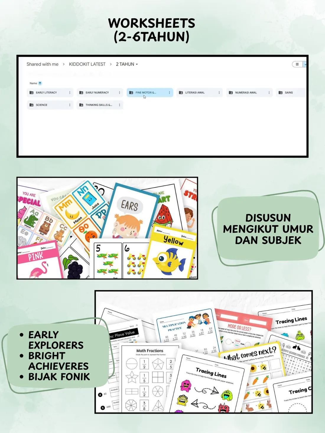 Worksheets 2-6 Tahun, disusun mengikut umur dan subjek